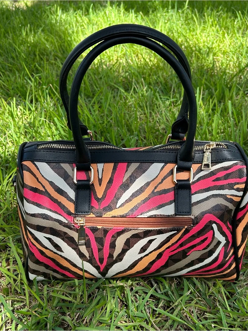 Black Handle Zebra-Print Satchel with Pink & Orange Accents